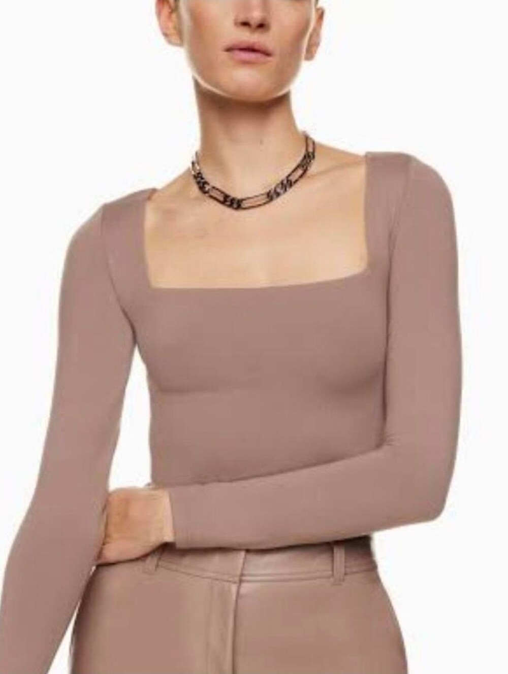 Pink Rose Mocha Stone Luxe Classics Long Sleeve Square Neck Top Size XS